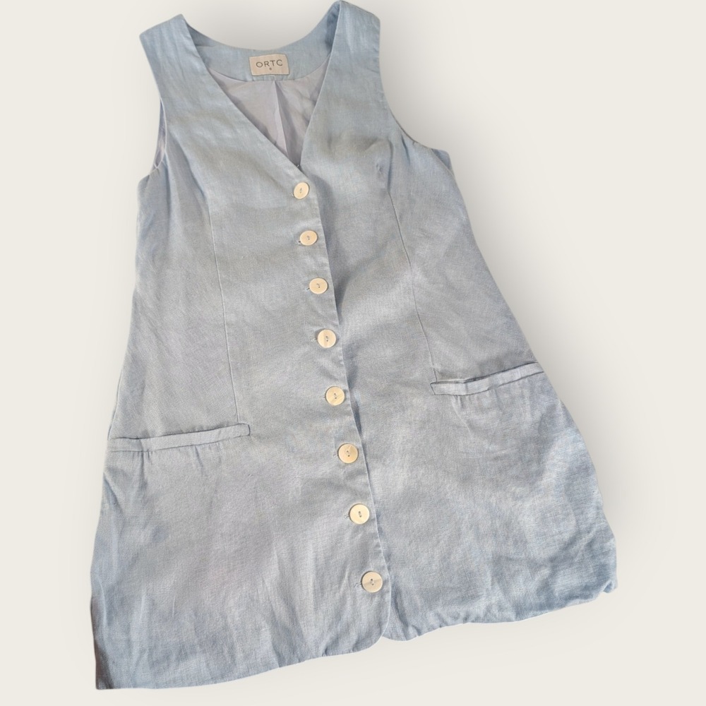 ORTC Womens Light Blue Linen Button Down Mini Dress V-Neck Tie Back Size 8